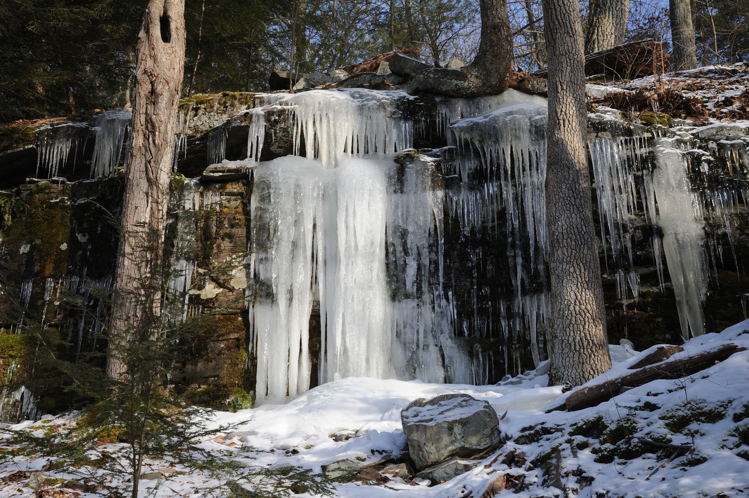 Outcrops that have small springs or seeps during the warm weather are good areas to find frozen stalactites of water over the winter. Even a very low flow of water seeping from between rock layers is enough to make huge frozen columns if it stays cold long enough.